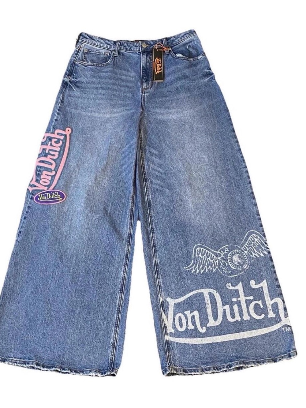 Von Dutch Blue Wide Leg Jeans with White & Pink Logos